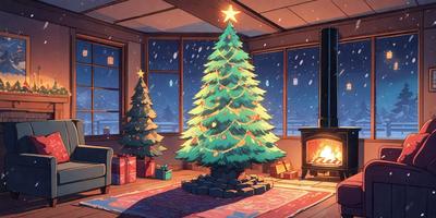 The primary subject of the image is a Christmas tree, which is placed in a living room. The setting includes a fireplace, a chair, and a window. The visual style of the image is a digital art or illustration, creating a warm and festive atmosphere. The dominant colors in the scene are green, red, and white, which are commonly associated with Christmas decorations.